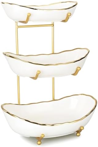 White Ceramic 3 Tier Modern Fruit Bowl with Metal Stand, Tiered Fruit Tray for Kitchen Counter, Snacks Nuts Bread Candy Storage