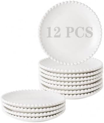 6 Inch White Porcelain Beaded Dessert Plates Set of 12