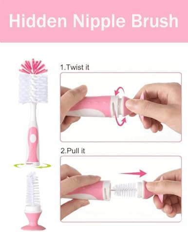 Baby Bottle Brush Set, Suction Base, Hidden Cleaner & Straw Brush