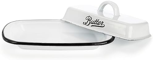 Enamel Butter Dish with Lid, Vintage Enamelware White Butter Tray