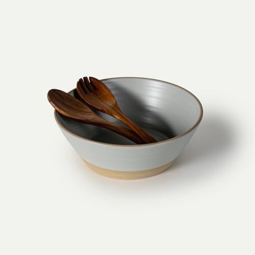 MORA Giant Salad Bowl Set with Wood Salad Servers, 4 qt Large Ceramic