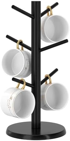 Coffee Mug Holder with 6 Hooks, Bamboo Mug Tree Stand for Countertop