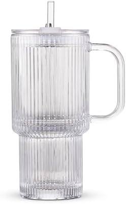 15oz Glass Cup With Lid And Straw, Reusable Iced Coffee Cup, Suitable