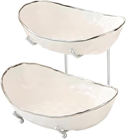 White Fruit Bowl with Silver Metal Stand, 2 Tier Modern Ceramic Fruit Bowl Fruit Rack for Kitchen Counter, Tiered Fruit Basket for Snacks Bread Candy Storage (White B,2 Tier)