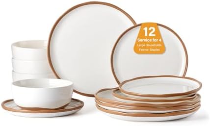 Lareina Plates and Bowls Set, 12 Pieces Farmhouse Ceramic Dinnerware