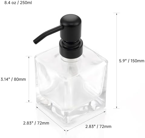 Square Bathroom Soap Dispenser Black, 8.4 oz Glass Bottles with