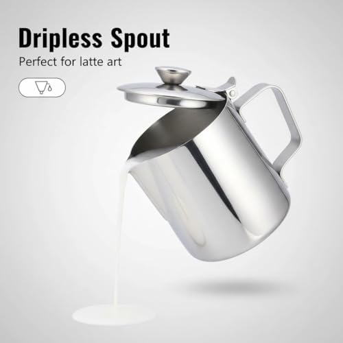 Milk Frothing Pitcher, 350ml (12oz), Stainless Steel Creamer with Lid