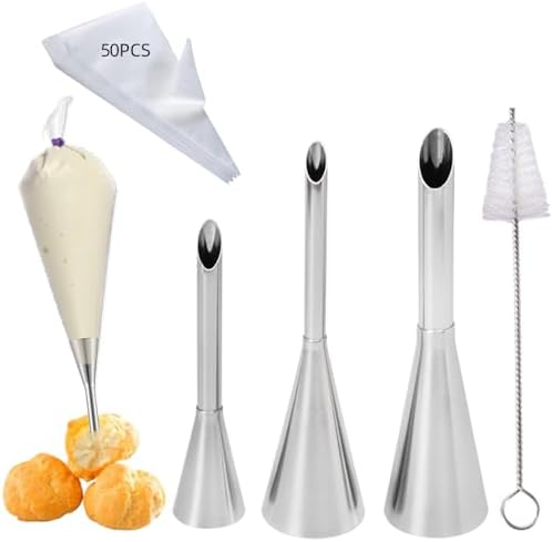 3PCS Puff Cream Filling Piping Tips with 50Piping Bags for