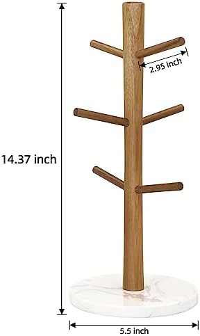 Buruis Acacia Wood Mug Holder with Marble Base, 6 Hook Mug Tree, White