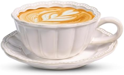 12 OZ Latte Cup with Saucer, Cappuccino Cup Vintage Cafe Art Cups for