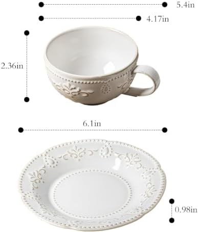 Cappuccino Cups with Saucers, 8oz Ceramic, Set of 4, Arctic White