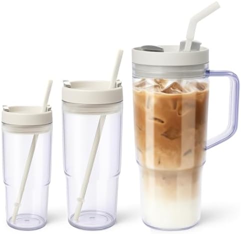 3 Pack Plastic Tumblers with Handle and Straws Lids - 40oz, 26oz, 15oz