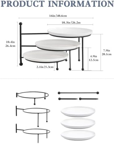Kanwone 3 Tiered Serving Stand with White Porcelain Plates, 10.3"
