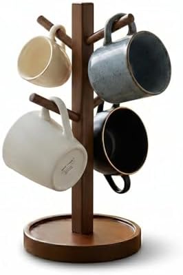 Sturdy Bamboo Mug Tree with Drip Tray, 4 Arm Rotating Cup Holder for