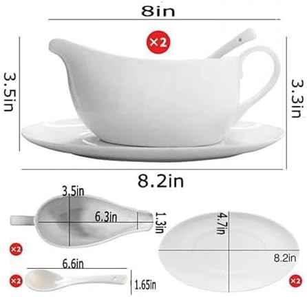 Qlans Gravy Boat With Ladle and Saucer 17 Oz,White Ceramic Sauce Boat