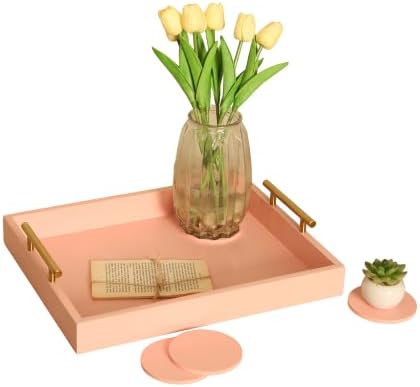 16.5"x13" Pionk Wooden Ottoman Tray, Gold Metal Handles 4 Coasters