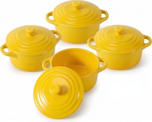 4 Pack Mini Cocotte Set, 16 oz Individual Baking Ramekins, Yellow