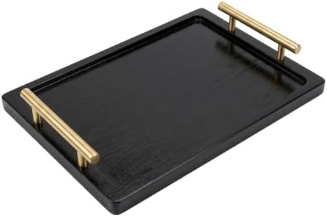 PEKER Wooden Serving Tray with Metal Handles, Black Decorative Coffee