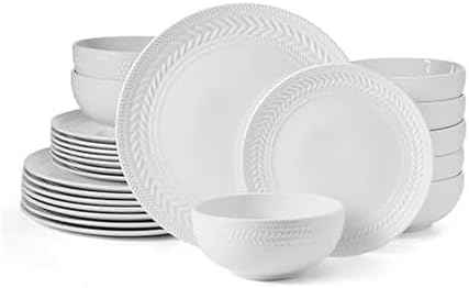 Pfaltzgraff Josephine 24-Piece Dinnerware Set, Porcelain Dish Set with Embossed Basket Weave Design, Service for 8, White Plates and Bowls Sets, Microwave and Dishwasher Safe