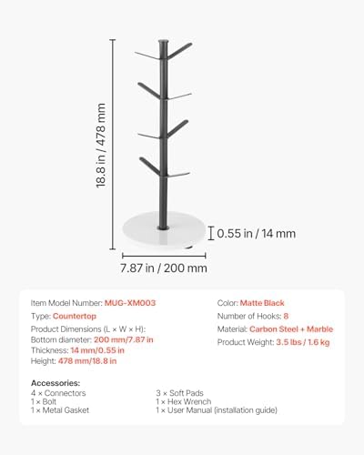 VEVOR Mug Holder Tree with Marble Base, 8 Hooks Coffee Cup Holder for