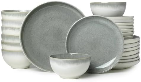 Pokini Stoneware Dinnerware Sets for 8, 24pcs Plates and Bowls Sets Dishes