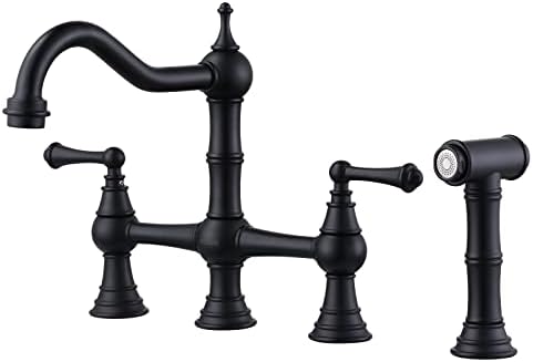 WOWOW Brass Bridge Kitchen Faucet with Side Sprayer, Matte Black