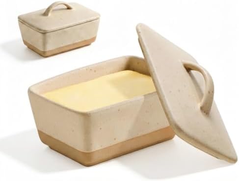 Beige Stoneware Vintage Butter Dish with Lid for Kitchen Countertop