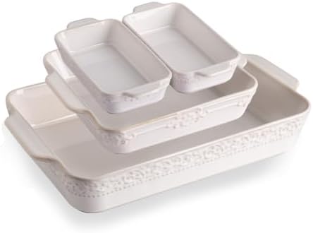 Sweejar Ceramic Rectangular Bakeware Set of 4, Kiln-Change White