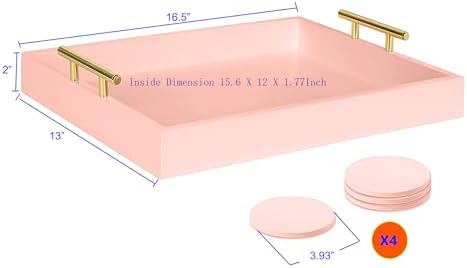 16.5"x13" Pionk Wooden Ottoman Tray, Gold Metal Handles 4 Coasters