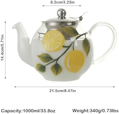 Hand Painted Glass Teapot, 1000ml/35oz, Lemon