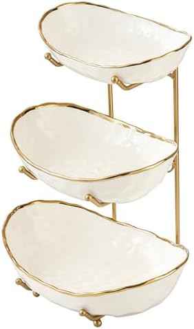 White Fruit Bowl with Gold Metal Stand, 3 Tier Modern Ceramic Fruit