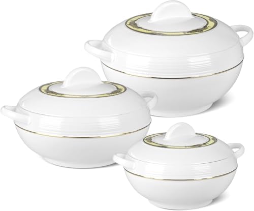 T TABAKH Ambiente King Insulated Casserole Dish with Lid - 3pc Set Hot Pot Food Warmer/Cooler - Thermal Soup, Salad Serving Bowl - Stainless Steel Container - Keeps Food Hot & Cold (6000ml+8000ml+10,000ml)