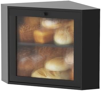 kiplant Black Corner Bread Box for Kitchen Countertop - Bamboo Wood, Wavy Acrylic Door, Adjustable 2-Layer Bread Storage Container, Large Bread Holder