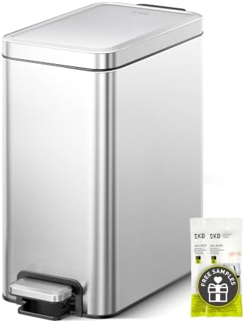 EKO Small Bathroom Trash Can with Lid, 10 Liter, Silver