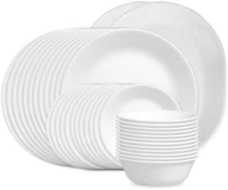 Corelle Vitrelle 38-Piece Service for 12 Dinnerware Set, Triple Layer Glass and Chip Resistant, Lightweight Round Plates and Bowls Set, Winter Frost White