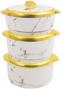 3-Piece 1.5L/2L/2.5L Thermal Dish Set with Lids, Insulated Stainless Steel Container for Hot & Cold Food, Serving Bowl for Buffets/Parties (White, Gold)