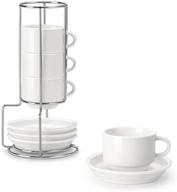 MALACASA Porcelain Espresso Cups Set of 4, with Saucers and Metal