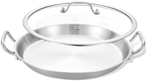 12-Inch Tri-Ply Stainless Steel Paella Pan with Lid | Induction