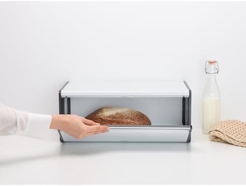 Brabantia Rectangular Fall Front Bread Box | White | Large Metal Front Opening Bread Store for Kitchen Countertop | Flat Top for Extra Storage, Magnet Closing Lid | Fits 2 Loaves