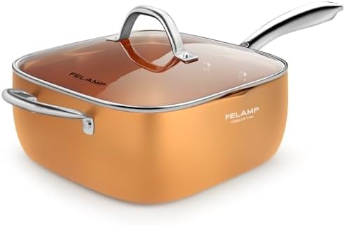 FELAMP 11-Inch Ceramic Nonstick Deep Square Frying Pan Set with Glass