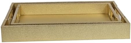 Set of 2 Wood Serving Tray with Gold Polished Metal Handles, Home