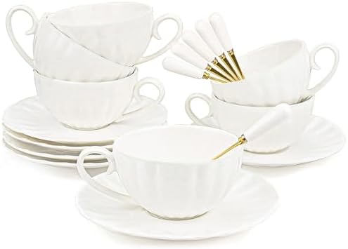 Yesland Set of 6 Royal Tea Cups and Saucers, 6 oz White Porcelain Tea