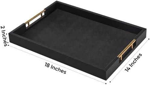Rectangular 18×14 Inch Black Wood Ottoman Serving Tray with Metal