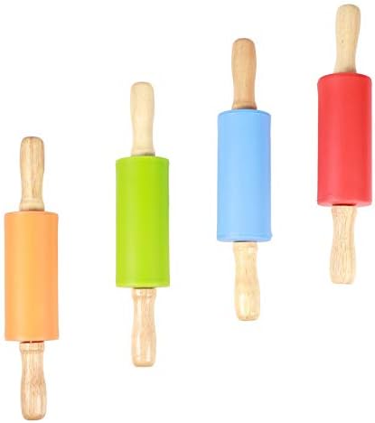 4pcs Mini Silicone Rolling Pins with Wood Handles for Kids Baking
