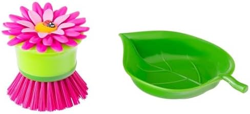 Vigar Flower Power Palm Dish Scrub Brush Holder, Pink, Green