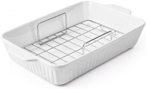 DOWAN 9x13'' Baking Dish with Handles Rack, Deep Ceramic Casserole Pan