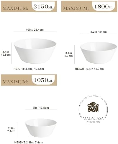 MALACASA White Serving Bowls Set of 3, Ceramic Mixing Bowl for Kitchen