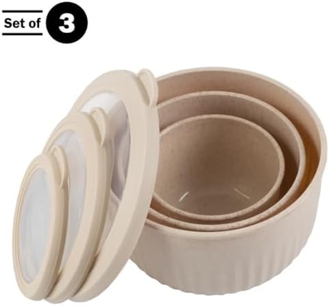 Classic Cuisine Bowls with Lids, Beige, Set of 3, 7”/5.5”/4.25”