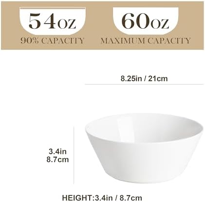 MALACASA 60 OZ Large Salad Soup Bowls Set of 4, White Ceramic Bowls
