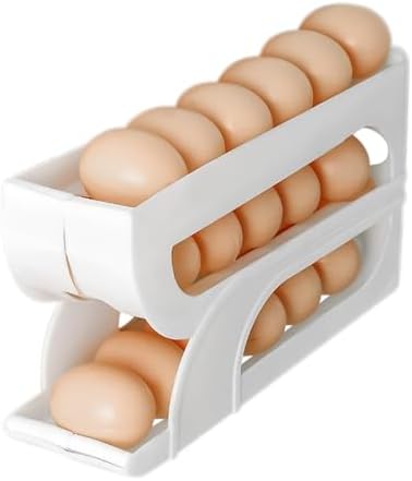 Egg Container for Refrigerator, Auto-Rolling 3-Tier Holder White